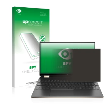 Face avant d’un emballage produit avec le logo de la marque upscreen. À côté, l’appareil HP Spectre x360 (15-eb) (359.9 mm x 2