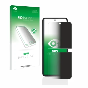 Face avant d’un emballage produit avec le logo de la marque upscreen. À côté, l’appareil Samsung Galaxy Z Flip 3 5G est représ