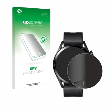 Face avant d’un emballage produit avec le logo de la marque upscreen. À côté, l’appareil Huawei Watch GT 3 (46 mm) est représe