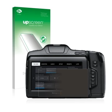 Face avant d’un emballage produit avec le logo de la marque upscreen. À côté, l’appareil Blackmagic Pocket Cinema Camera 6K Pr