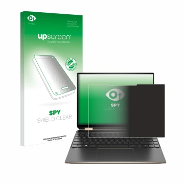 Face avant d’un emballage produit avec le logo de la marque upscreen. À côté, l’appareil HP Spectre x360 (14-eX) 2021 est repr