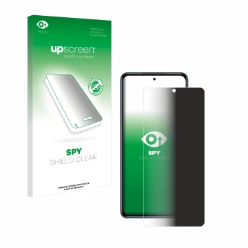 Face avant d’un emballage produit avec le logo de la marque upscreen. À côté, l’appareil Xiaomi Poco F3 est représenté avec la