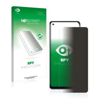 Face avant d’un emballage produit avec le logo de la marque upscreen. À côté, l’appareil Oppo A74 est représenté avec la prote