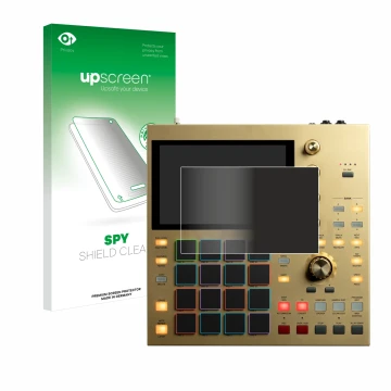 Face avant d’un emballage produit avec le logo de la marque upscreen. À côté, l’appareil Akai MPC One est représenté avec la p