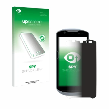 Face avant d’un emballage produit avec le logo de la marque upscreen. À côté, l’appareil Zebra TC52x est représenté avec la pr