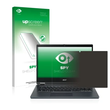 Face avant d’un emballage produit avec le logo de la marque upscreen. À côté, l’appareil Acer TravelMate Spin P4 14