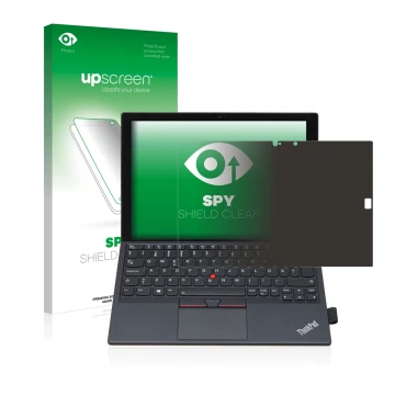 Face avant d’un emballage produit avec le logo de la marque upscreen. À côté, l’appareil Lenovo ThinkPad X1 Tablet Gen 2 est r