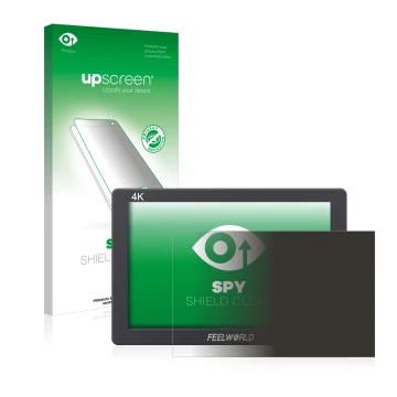 Face avant d’un emballage produit avec le logo de la marque upscreen. À côté, l’appareil Feelworld FW279 7