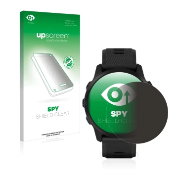 Face avant d’un emballage produit avec le logo de la marque upscreen. À côté, l’appareil Garmin Forerunner 945 LTE est représe