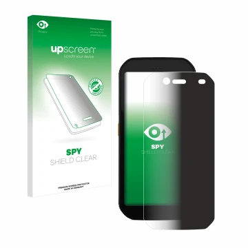 Face avant d’un emballage produit avec le logo de la marque upscreen. À côté, l’appareil Caterpillar Cat S42 H+ est représenté