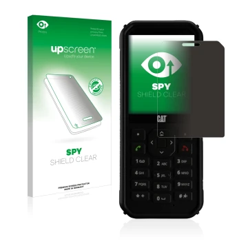 Face avant d’un emballage produit avec le logo de la marque upscreen. À côté, l’appareil Caterpillar Cat B40 est représenté av