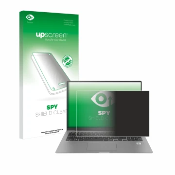 Face avant d’un emballage produit avec le logo de la marque upscreen. À côté, l’appareil LG gram 17'' 2021 est représenté avec