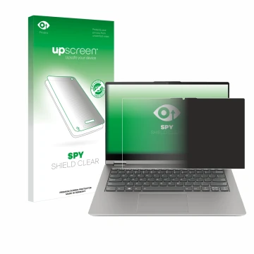 Face avant d’un emballage produit avec le logo de la marque upscreen. À côté, l’appareil Lenovo ThinkBook 14s Yoga est représe