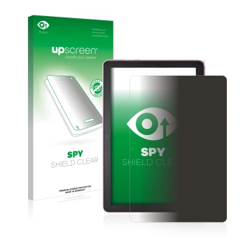 Face avant d’un emballage produit avec le logo de la marque upscreen. À côté, l’appareil Amazon Fire HD 10 Plus 2021 (11ème Ge