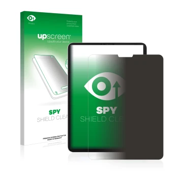 Face avant d’un emballage produit avec le logo de la marque upscreen. À côté, l’appareil Apple iPad Pro 11