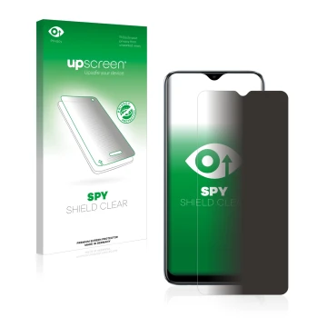 Face avant d’un emballage produit avec le logo de la marque upscreen. À côté, l’appareil realme C11 2021 est représenté avec l