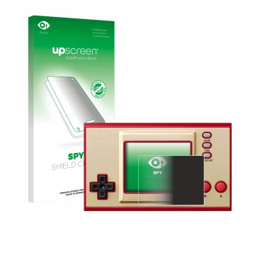 Face avant d’un emballage produit avec le logo de la marque upscreen. À côté, l’appareil Nintendo Game & Watch Super Mario Bro