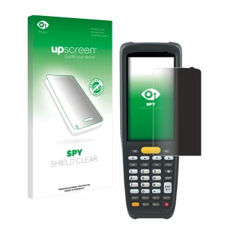 Face avant d’un emballage produit avec le logo de la marque upscreen. À côté, l’appareil Zebra MC2200 est représenté avec la p