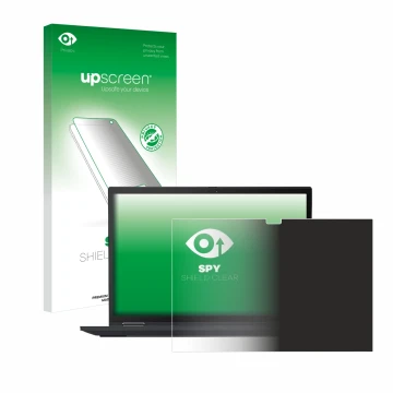 Face avant d’un emballage produit avec le logo de la marque upscreen. À côté, l’appareil Lenovo ThinkPad X13 Yoga Gen 2 est re