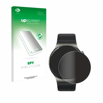 Face avant d’un emballage produit avec le logo de la marque upscreen. À côté, l’appareil Huawei Watch GT 2 Pro ECG est représe