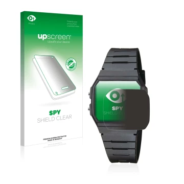 Face avant d’un emballage produit avec le logo de la marque upscreen. À côté, l’appareil Casio Collection Unisex F-91W est rep