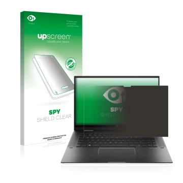 Face avant d’un emballage produit avec le logo de la marque upscreen. À côté, l’appareil HP Envy x360 (15-eX) (359 mm x 228.2 