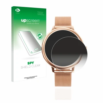 Face avant d’un emballage produit avec le logo de la marque upscreen. À côté, l’appareil Naixues Smartwatch CF80 1.08