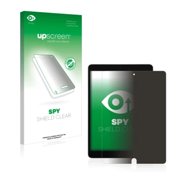 Face avant d’un emballage produit avec le logo de la marque upscreen. À côté, l’appareil Apple iPad 10.2