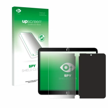 Face avant d’un emballage produit avec le logo de la marque upscreen. À côté, l’appareil Microsoft Surface Duo 2 (Affichage in