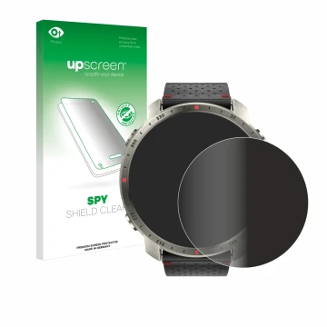 Face avant d’un emballage produit avec le logo de la marque upscreen. À côté, l’appareil Polar Grit X Pro Titan est représenté