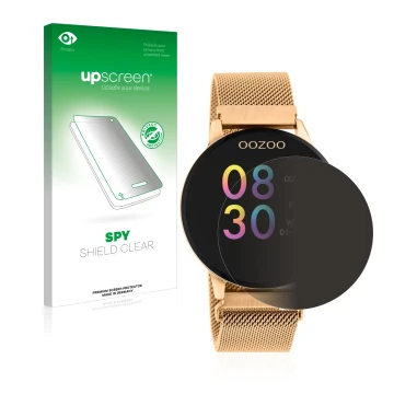 Face avant d’un emballage produit avec le logo de la marque upscreen. À côté, l’appareil Oozoo Q00117 est représenté avec la p