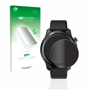 Face avant d’un emballage produit avec le logo de la marque upscreen. À côté, l’appareil Mobvoi Ticwatch Pro 3 Ultra GPS est r