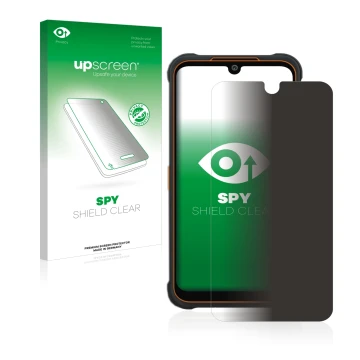 Face avant d’un emballage produit avec le logo de la marque upscreen. À côté, l’appareil AGM Glory Pro est représenté avec la 