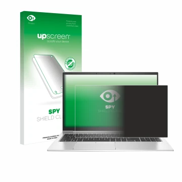 Face avant d’un emballage produit avec le logo de la marque upscreen. À côté, l’appareil HP EliteBook 850 G7 est représenté av