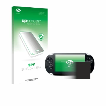Face avant d’un emballage produit avec le logo de la marque upscreen. À côté, l’appareil Sony Playstation PS Vita est représen