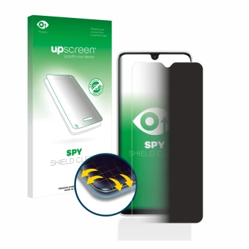 Face avant d’un emballage produit avec le logo de la marque upscreen. À côté, l’appareil Samsung Galaxy A03 est représenté ave