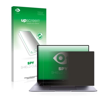 Face avant d’un emballage produit avec le logo de la marque upscreen. À côté, l’appareil Huawei MateBook 16 est représenté ave