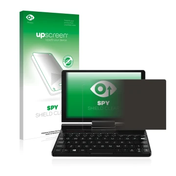 Face avant d’un emballage produit avec le logo de la marque upscreen. À côté, l’appareil GPD Pocket 3 est représenté avec la p