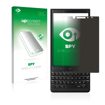 Face avant d’un emballage produit avec le logo de la marque upscreen. À côté, l’appareil BlackBerry Key2 (Dual Sim) est représ