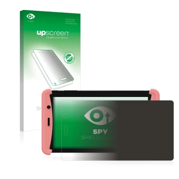 Face avant d’un emballage produit avec le logo de la marque upscreen. À côté, l’appareil Kurio Tab Lite 2 est représenté avec 