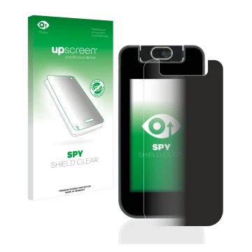 Face avant d’un emballage produit avec le logo de la marque upscreen. À côté, l’appareil Vtech Kidicom Advance 3.0 est représe
