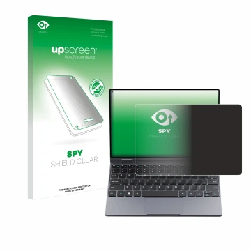 Face avant d’un emballage produit avec le logo de la marque upscreen. À côté, l’appareil Chuwi MiniBook X est représenté avec 