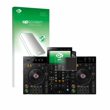 Face avant d’un emballage produit avec le logo de la marque upscreen. À côté, l’appareil Pioneer XDJ-RX3 est représenté avec l