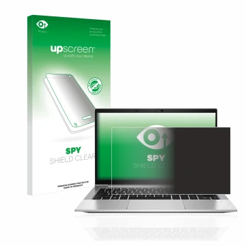 Face avant d’un emballage produit avec le logo de la marque upscreen. À côté, l’appareil HP EliteBook 830 G8 est représenté av