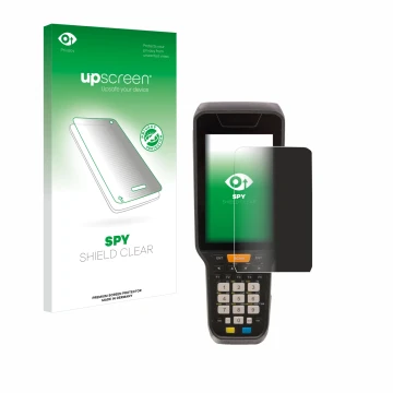 Face avant d’un emballage produit avec le logo de la marque upscreen. À côté, l’appareil Datalogic Skorpio X5 est représenté a