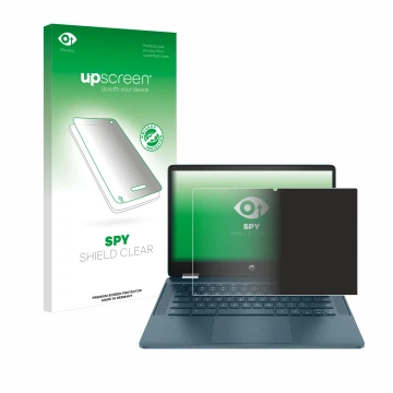Face avant d’un emballage produit avec le logo de la marque upscreen. À côté, l’appareil HP Chromebook x360 (14b-cbX) est repr