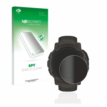 Face avant d’un emballage produit avec le logo de la marque upscreen. À côté, l’appareil Garmin Instinct 2 est représenté avec