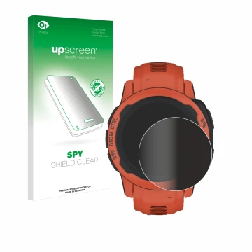 Face avant d’un emballage produit avec le logo de la marque upscreen. À côté, l’appareil Garmin Instinct 2S est représenté ave