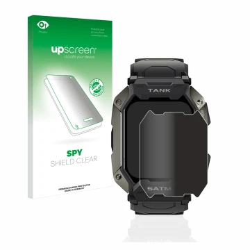 Face avant d’un emballage produit avec le logo de la marque upscreen. À côté, l’appareil Kospet Tank M1 est représenté avec la