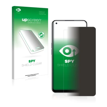Face avant d’un emballage produit avec le logo de la marque upscreen. À côté, l’appareil realme 9 Pro Plus est représenté avec